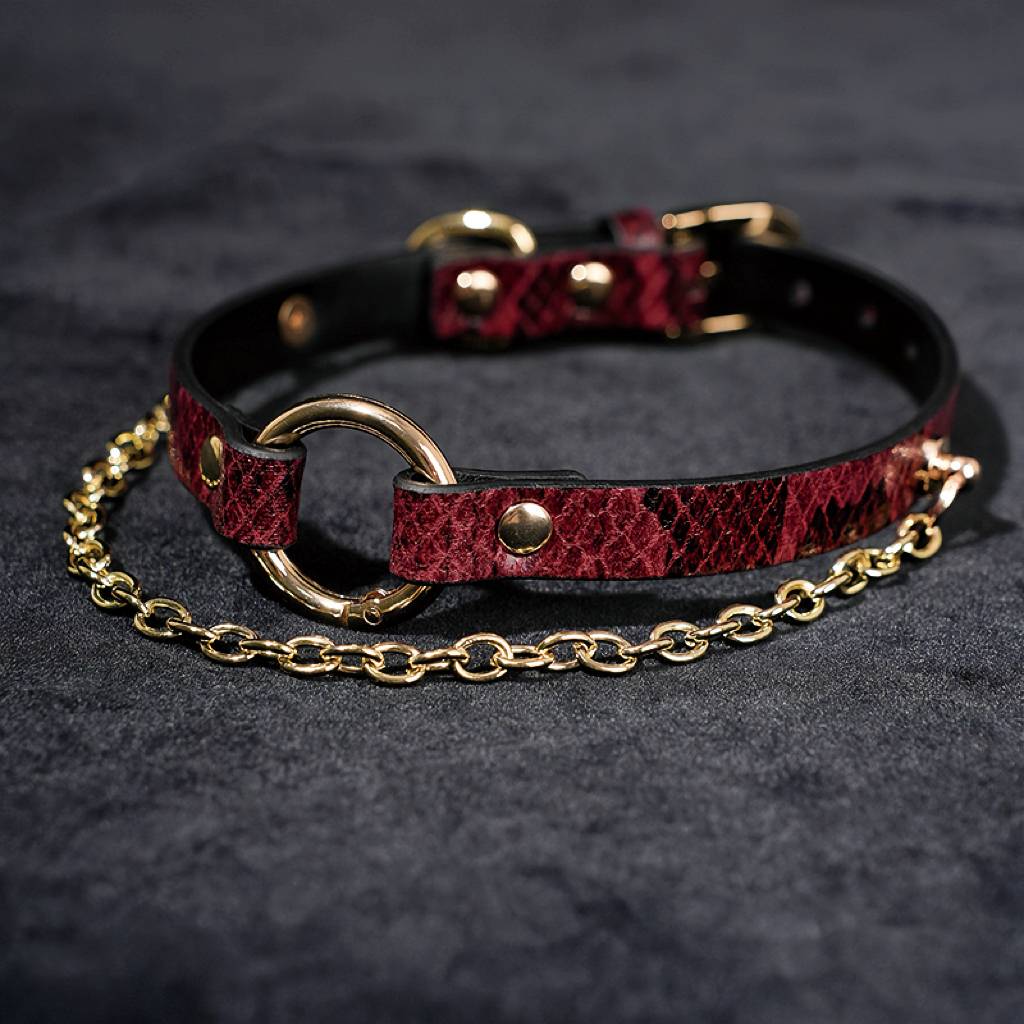 Red Snakeskin Gold Chain O-Ring Choker Collar Necklace