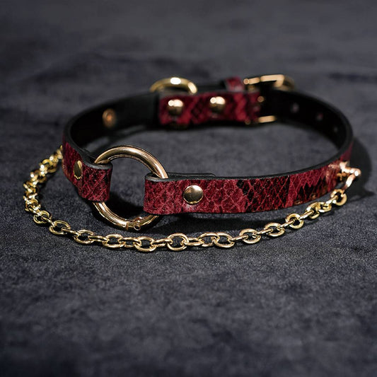 Red Snakeskin Gold Chain O-Ring Choker Collar Necklace