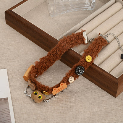 Kawaii Fuzzy Brown Cat-Charms Choker Collar Necklace