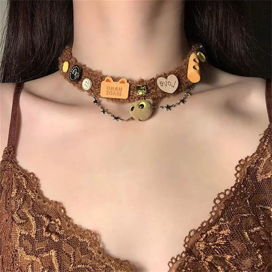 Kawaii Fuzzy Brown Cat-Charms Choker Collar Necklace
