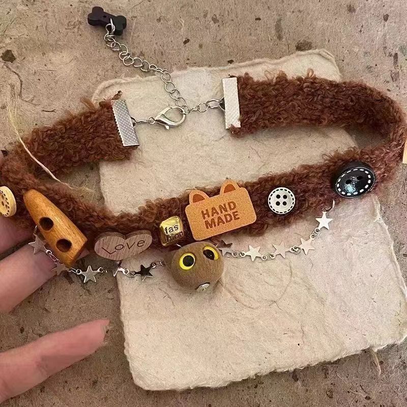 Kawaii Fuzzy Brown Cat-Charms Choker Collar Necklace