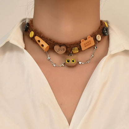 Kawaii Fuzzy Brown Cat-Charms Choker Collar Necklace