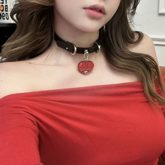 Black Croc-Embossed PU Leather Choker with Red Heart Charm