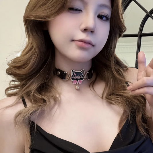 Black Kitty Bell Choker | Gold O-Rings, Pink Bow | Morvaya
