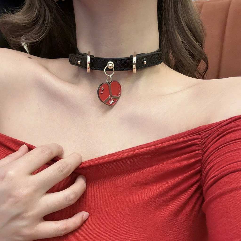 Black Croc-Embossed PU Leather Choker with Red Heart Charm