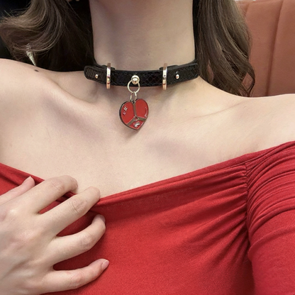 Black Croc-Embossed PU Leather Choker with Red Heart Charm