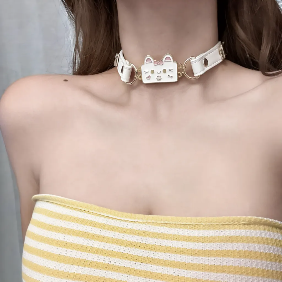 White Kawaii Cat Charm O-Ring Choker Collar Necklace