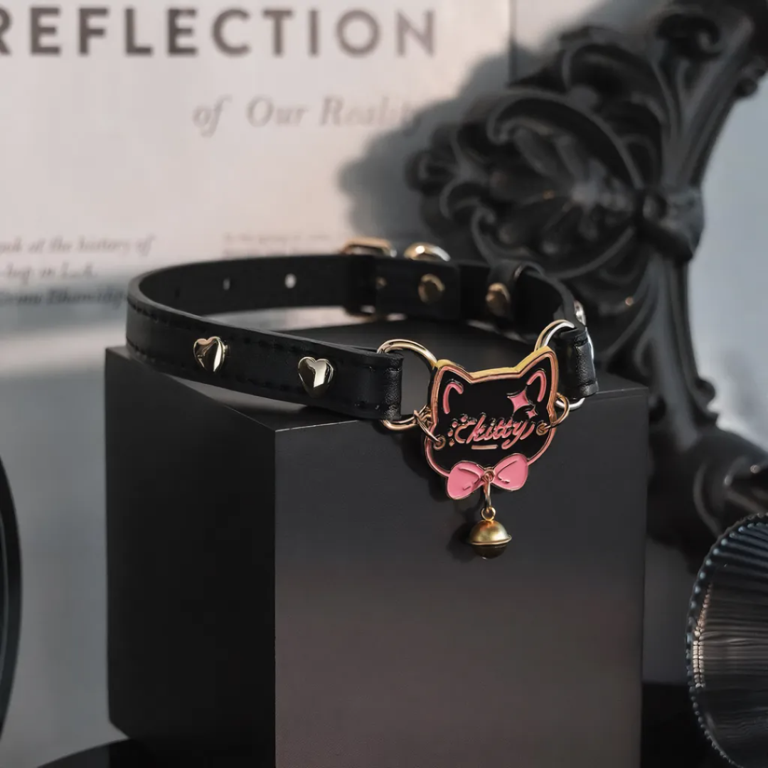 Black Kitty Bell Choker | Gold O-Rings, Pink Bow | Morvaya