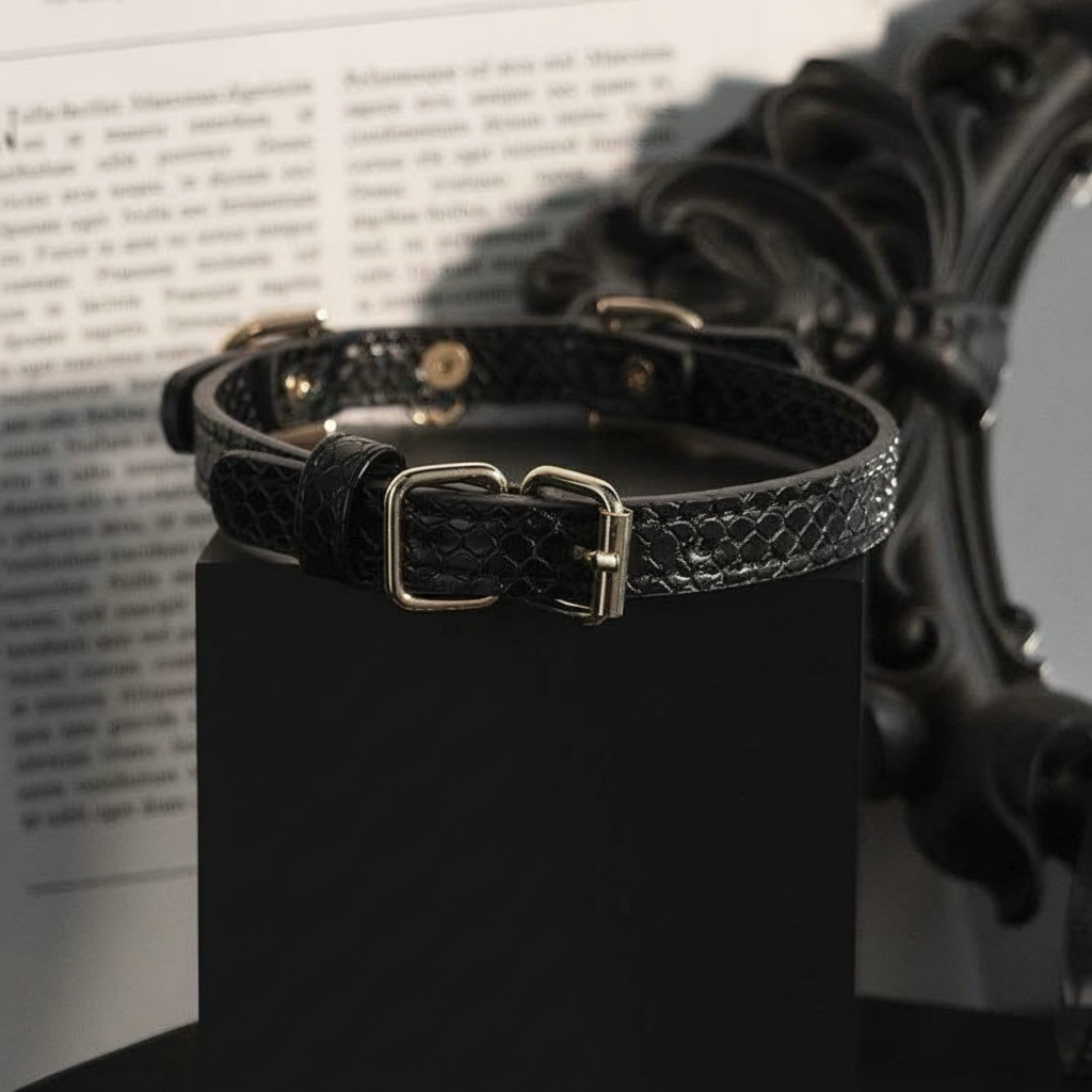 Black Croc-Embossed PU Leather Choker with Red Heart Charm