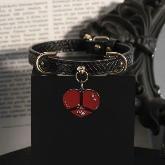 Black Croc-Embossed PU Leather Choker with Red Heart Charm