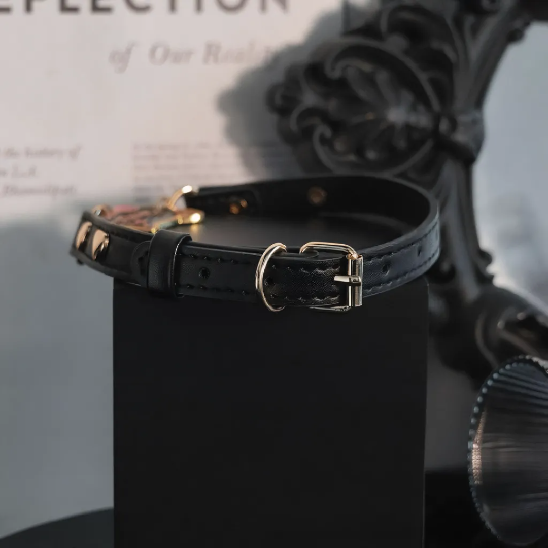 Black Kitty Bell Choker | Gold O-Rings, Pink Bow | Morvaya