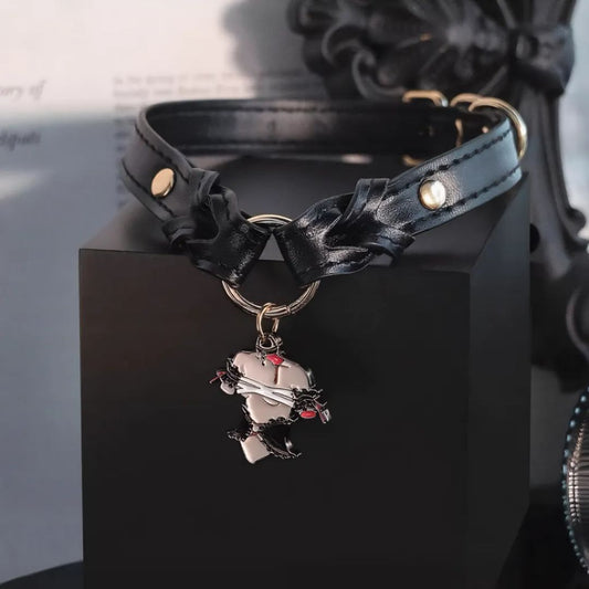 Black Ruffled O-Ring Choker Collar Necklace with Thorned Heart