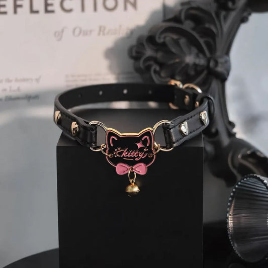 Black Kitty Bell Choker | Gold O-Rings, Pink Bow | Morvaya